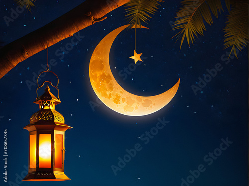 Celestial Harmony: The Radiance of a Crescent Moon and Lantern Glow, A Captivating Image Symbolizing the Spiritual Illumination of Ramadan Nights. generative AI