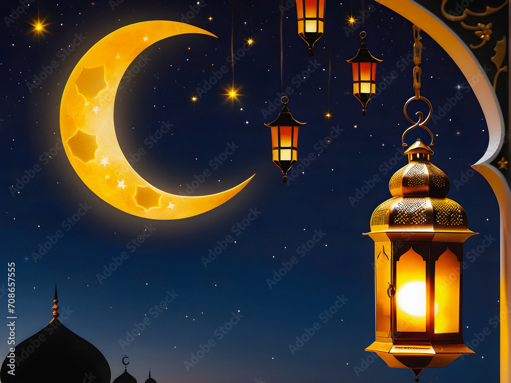 Celestial Harmony: The Radiance of a Crescent Moon and Lantern Glow, A Captivating Image Symbolizing the Spiritual Illumination of Ramadan Nights. generative AI Celestial Harmony: The Radiance of a Crescent Moon and Lantern Glow, A Captivating Image Symbolizing the Spiritual Illumination of Ramadan Nights. generative AI