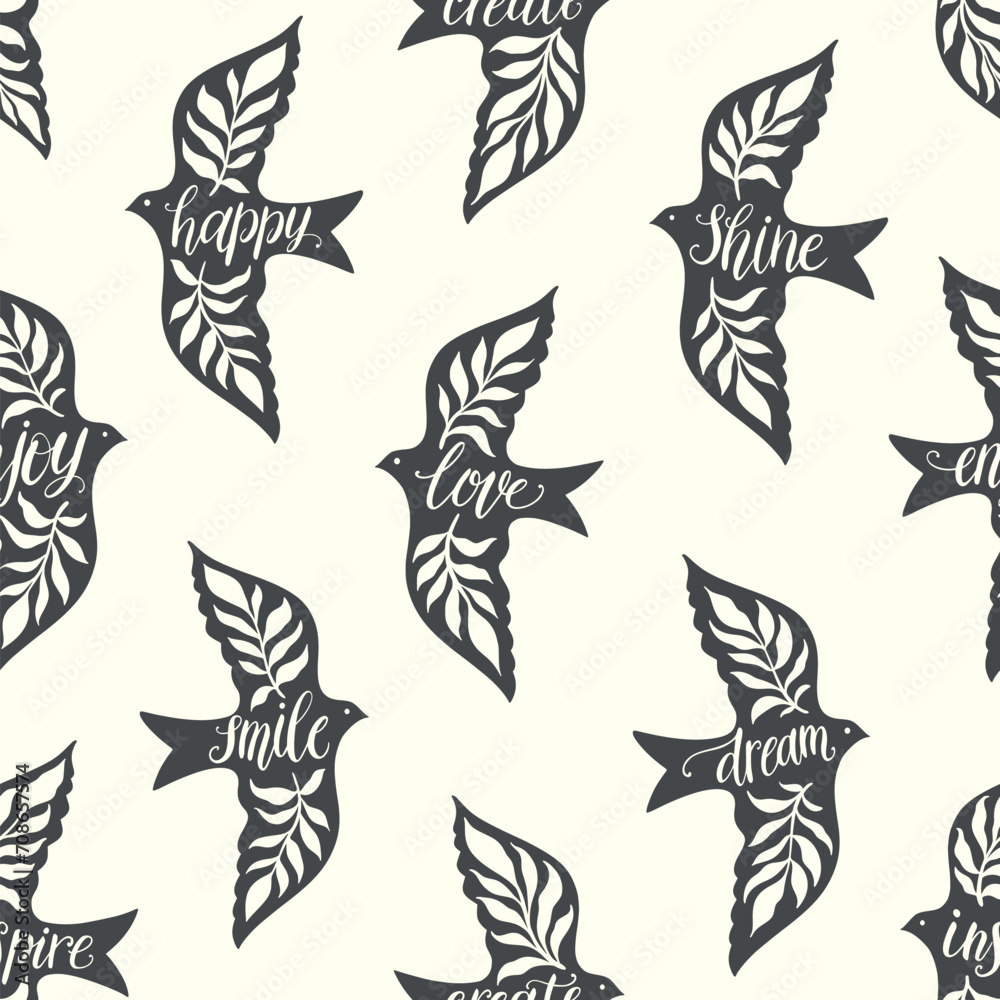 Fun birds inspirational words hand lettering seamless pattern. Decorative folk bird seamless texture Fun birds inspirational words hand lettering seamless pattern. Decorative folk bird seamless texture