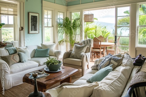 Serene Tropical Living Room Overlooking Lush Greenery With Comfortable Seating and Natural Light