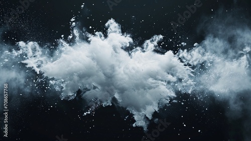 White powder snow cloud explosion on a dark backdrop in a broad horizontal layout.