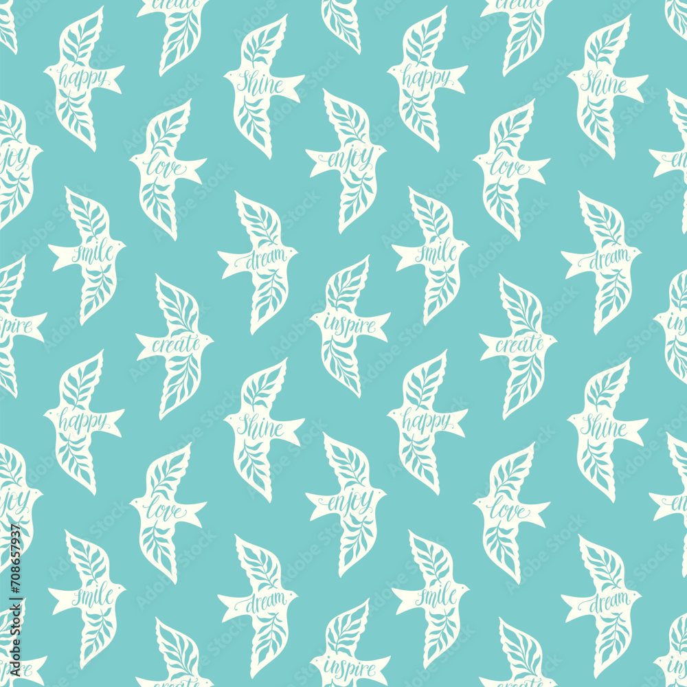 Fun birds inspirational words hand lettering seamless pattern. Decorative folk bird seamless texture Fun birds inspirational words hand lettering seamless pattern. Decorative folk bird seamless texture
