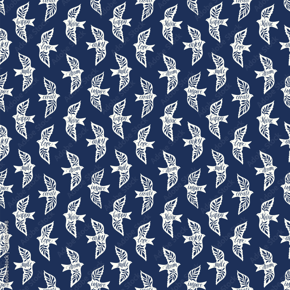 Fun birds inspirational words hand lettering seamless pattern. Decorative folk bird seamless texture Fun birds inspirational words hand lettering seamless pattern. Decorative folk bird seamless texture
