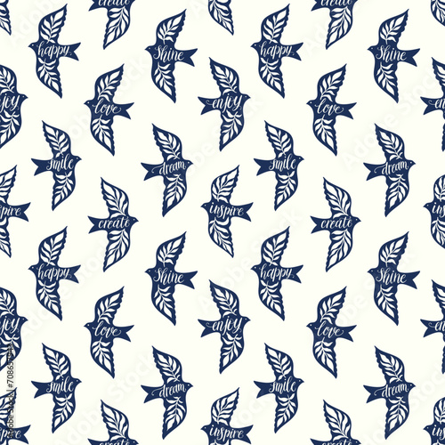 Wallpaper Mural Fun birds inspirational words hand lettering seamless pattern. Decorative folk bird seamless texture Torontodigital.ca
