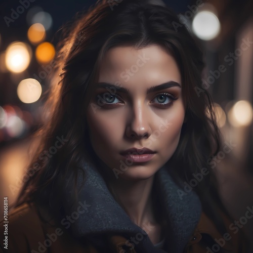 Portrait a beautiful woman on a street at night