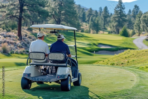 Golfers driving golf cart on the course during sunny day.
