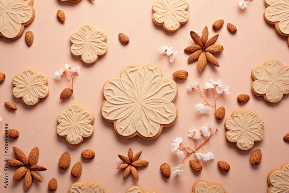 Fototapeta premium Artfully arranged cookies and almonds with floral accents on a soft pink surface.