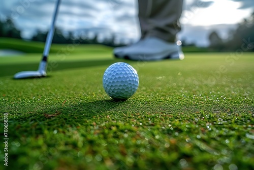 Close-up of golf ball on green grass with golfer in background