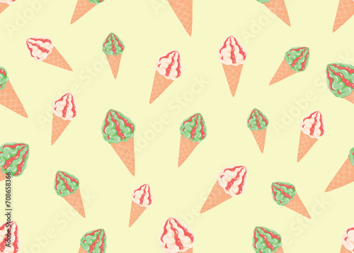 The tenderness of the ice cream will not let you melt in the heat  dessert  confectioner  sugar  vector  illustration  isolated  background  art  food  jam  waffle cone  seamless pattern 