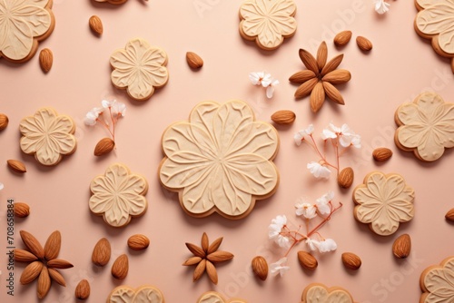 Artfully arranged cookies and almonds with floral accents on a soft pink surface.