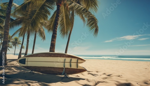 surfboards and palm tree on a beach  © Rumi X
