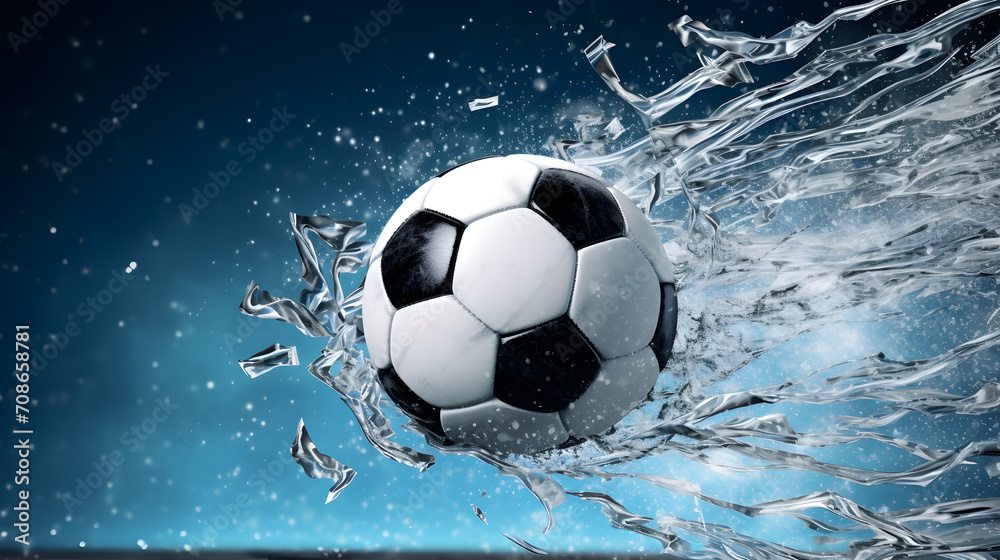 soccer ball on blue background and water splash