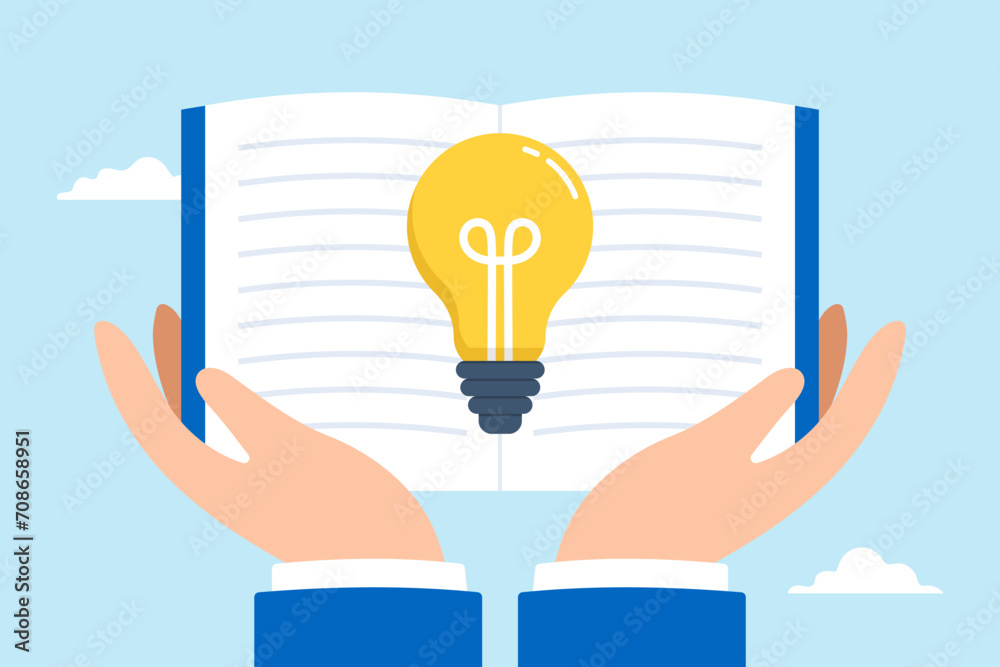 Big hand holds open book to discovering lightbulb idea Big hand holds open book to discovering lightbulb idea