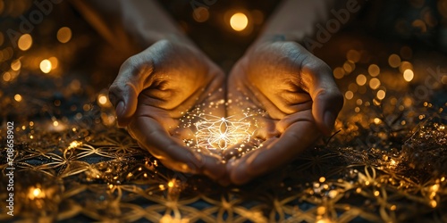Golden Flower of Life backdrop with male hands and starlight symbolizes spiritual healing. photo