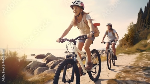 Family bike ride by the seashore. active summer leisure. parent and child cycling together. AI © Irina Ukrainets