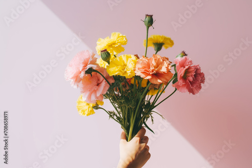 Female hand holds beautiful carnations flowers bouquet
