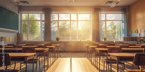 A classroom with desks captured in high-quality photography. photo