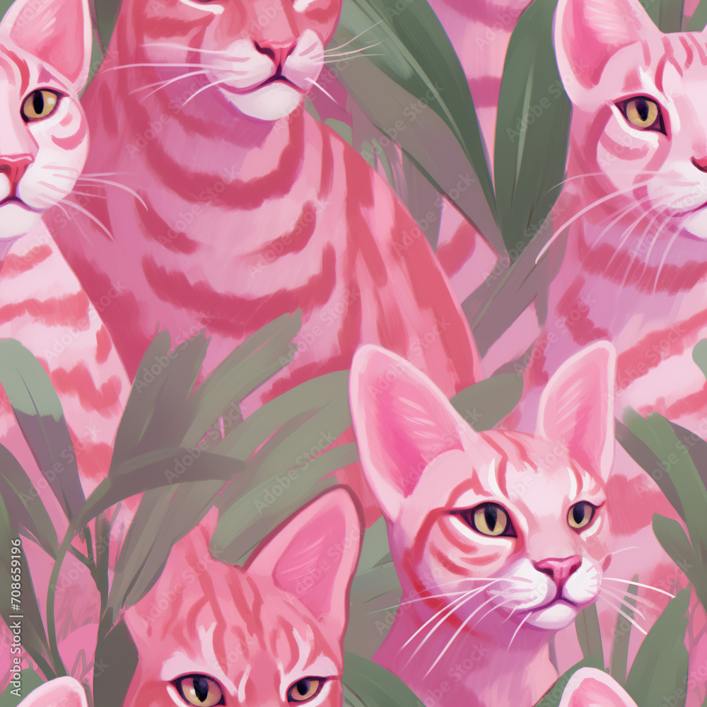 A Whimsical Illustration of Pink Cats Amidst Lush Green Foliage, Creating a Dreamy and Magical Atmosphere