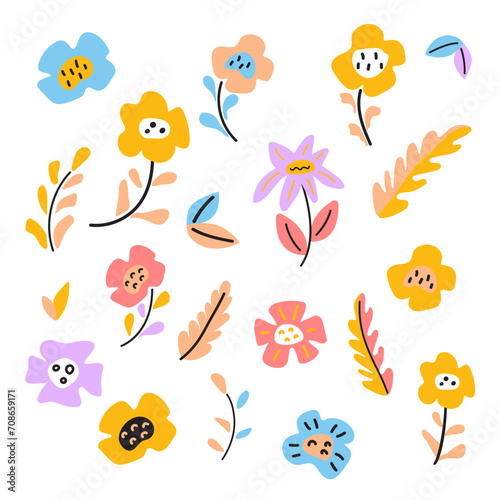 Folk simple flowers and leaf on spring set. Doodle floral element for spring  Easter  childish card