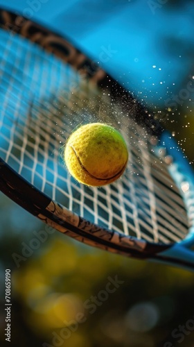 Tennis racket and ball with water drops on the tennis court. © lublubachka