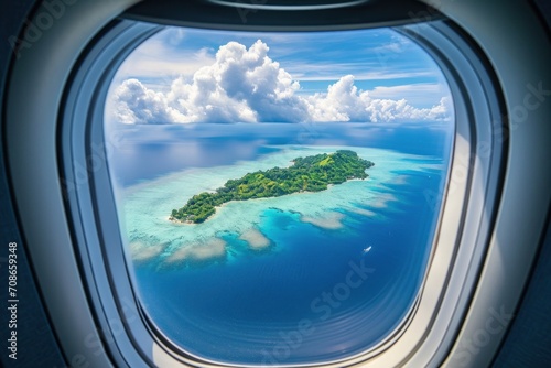 View from the airplane window on a tropical island in the Maldives © lublubachka