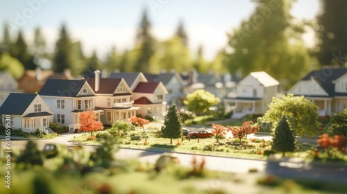 Sunlit suburbia: A defocused view of a pretty suburban neighborhood, with trees and sunlight.