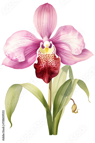 Watercolor Orchid flower png. Pink floral arrangement botanical illustration isolated with a transparent background.  Blossom flowers design.