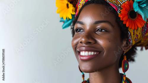 Portrait of cheerful african mature woman with headscarf against grey wall. Middle aged black woman laughing  copy space. Happy smiling black lady wearing traditional african scarf and looking at came