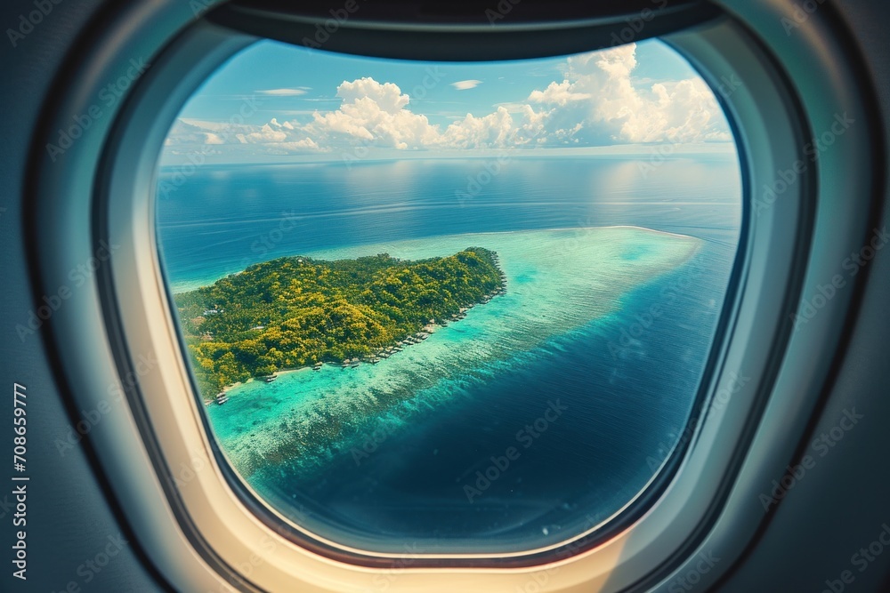 Aerial view of beautiful tropical island from the porthole of airplane