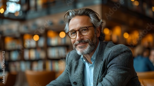 Confident middle-aged businessman smiling in a cafe setting. professional and casual. AI