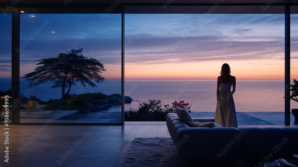 Lady in contemporary home with view of sea. Lady in contemporary home with view of sea.