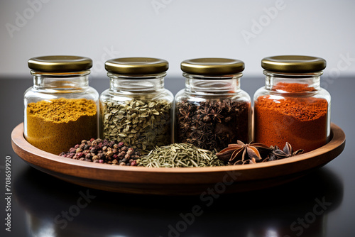 A trio of aromatic and colorful spices, meticulously arranged on a white background, adding a touch of culinary sophistication to the scene.