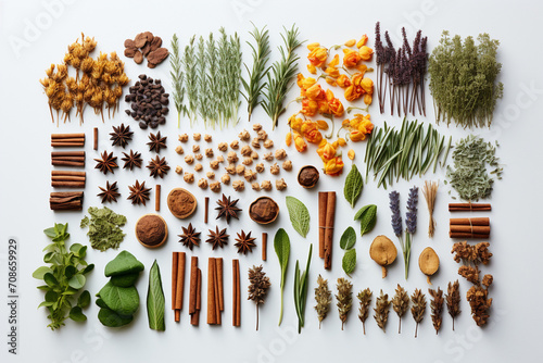 An assortment of aromatic dried herbs, neatly arranged on a white surface, evoking the essence of a kitchen garden in a simple and clean setting.