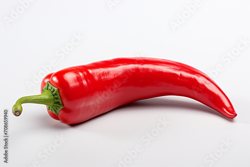 A single red chili pepper, its vibrant color popping against a pure white background, highlighting the spice and intensity of the ingredient.