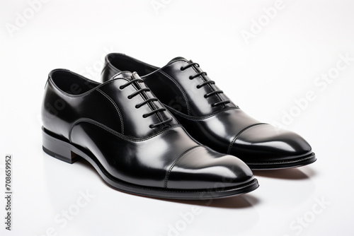 A pair of classic black leather shoes, polished to perfection and positioned on a pristine white background, embodying timeless style and sophistication.