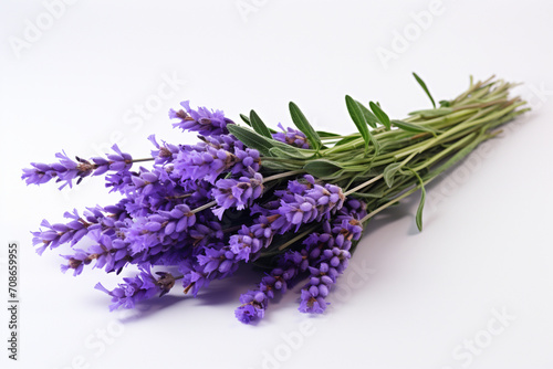 A bundle of fragrant lavender stems, artfully placed on a clean white background, emanating a sense of calmness and natural beauty.