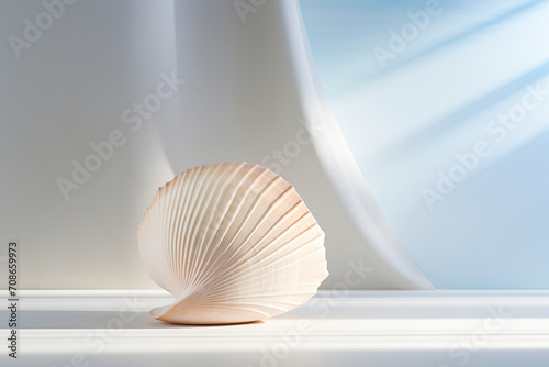 A serene and minimalistic scene of a solitary seashell, perfectly placed on a clean white surface, evoking the tranquility of a beachside retreat.