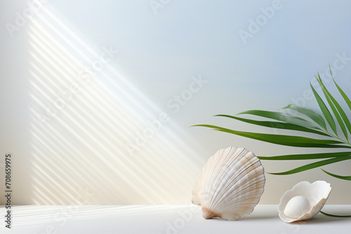 A serene and minimalistic scene of a solitary seashell, perfectly placed on a clean white surface, evoking the tranquility of a beachside retreat.