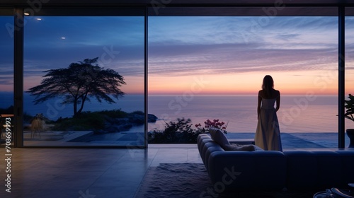 Lady in contemporary home with view of sea. © ckybe