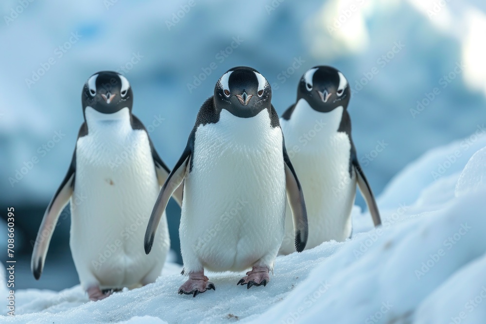 Fototapeta premium Gentoo penguins on the snow in Antarctica