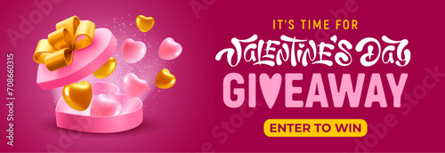Valentine's day giveaway banner template. Cute cartoon 3d realistic heart shaped gift box with bow on pink background. Hearts flying out from open gift box. Vector illustration