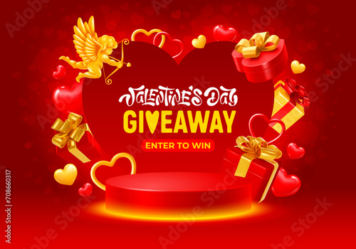 Valentine's day giveaway banner template. Cute cartoon 3d realistic golden cupid, hearts, gift boxes flying around of glowing podium on red background. Place for text. Vector illustration