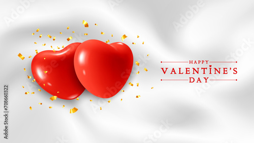 Valentines day greeting banner on a white fluid waves or white silk textile background with golden glitters. Love symbol - two realistic 3d red hearts together. Vector illustration