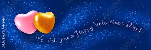 Valentines day greeting banner on a dark blue fluid waves or silk textile background with heart shaped glitters. Love symbol - two realistic 3d hearts together, pink and golden. Vector illustration
