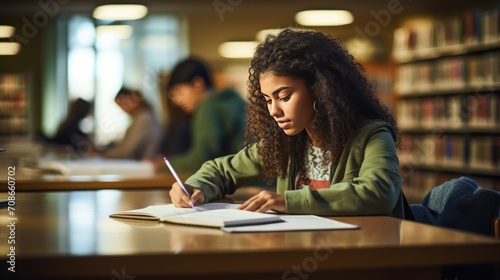 Academic dedication: Witness a hardworking Latina student immersed in study at her school library.