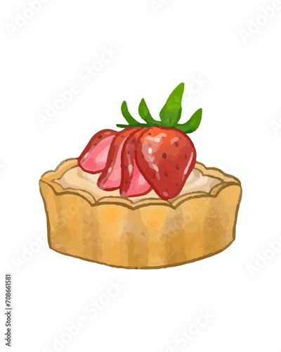 Strawberry tart watercolor cake on white isolated