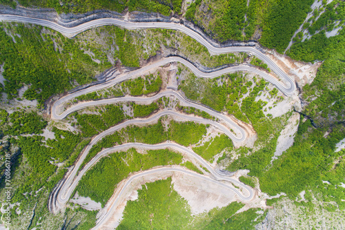 aerial view of Serpentine road in Albanian mountains