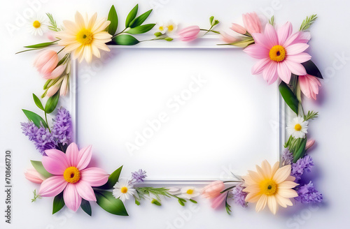 Frame of flowers on white marble background with blank space for text. Top view, flat lay. © chudovert