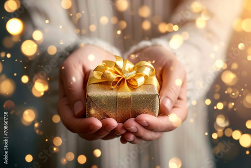Woman's hands hold a golden gift box with a gold bow on bokeh background © Elena