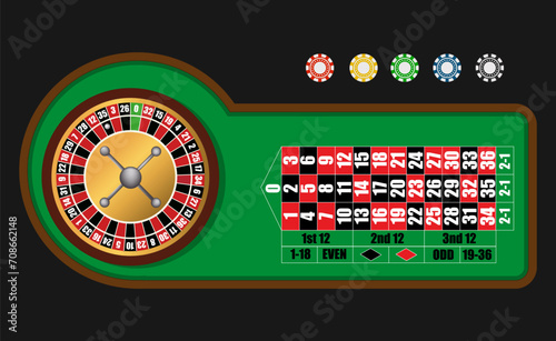 Poker roulette wheel with poker chips. Wheel of fortune, casino